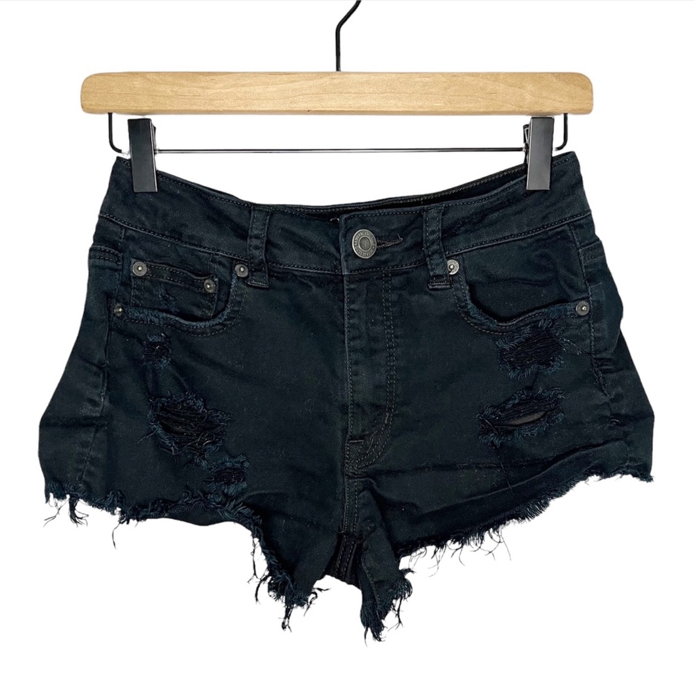AEO Stretch Destroyed Raw Hem Hi-Rise Festival Jean Shorts in Black 2